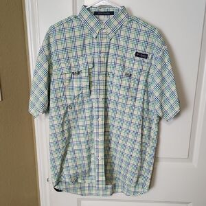 Columbia Men's Super Bahama PFG Blue, Green and Yellow Plaid Shirt, like new!